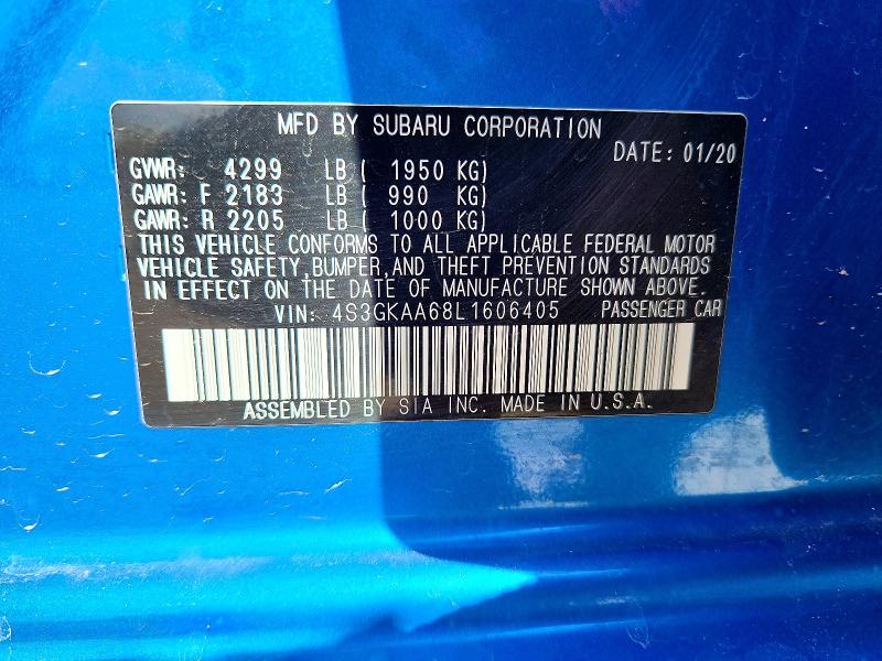 49557036 :رقم المزاد ، 4S3GKAA68L1606405 vin ، 2020 Subaru Impreza مزاد بيع