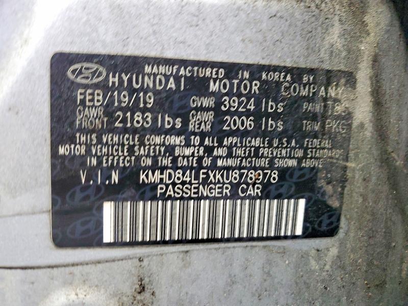 2019 Hyundai Elantra მანქანა იყიდება აუქციონზე, vin: KMHD84LFXKU878978, აუქციონის ნომერი: 50799336