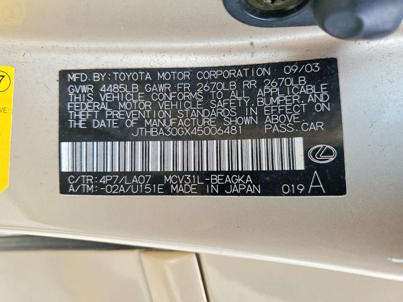 Продажа на аукционе авто 2004 Lexus Es, vin: JTHBA30GX45006481, номер лота: 50196496