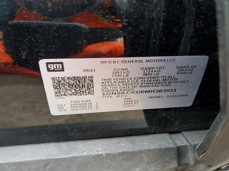 Продаж на аукціоні авто 2021 Chevrolet Suburban, vin: 1GNSKCKD0MR363511, номер лоту: 50997266