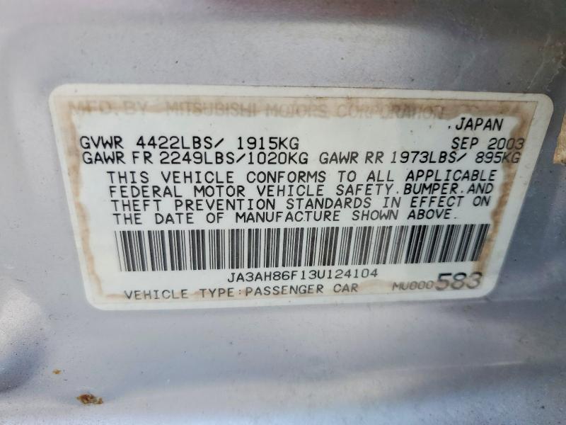 Продаж на аукціоні авто 2003 Mitsubishi Lancer, vin: JA3AH86F13U124104, номер лоту: 50153976