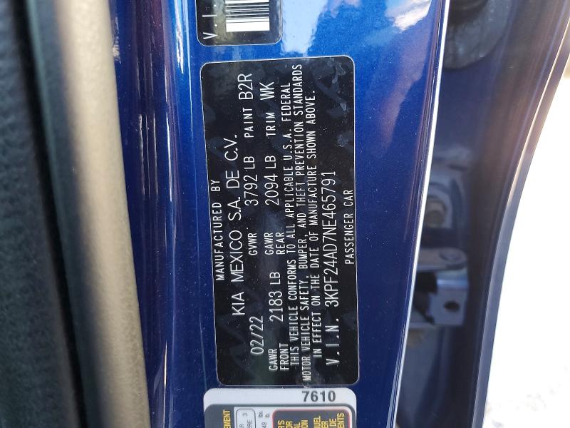 48982326 :رقم المزاد ، 3KPF24AD7NE465791 vin ، 2022 Kia Forte مزاد بيع