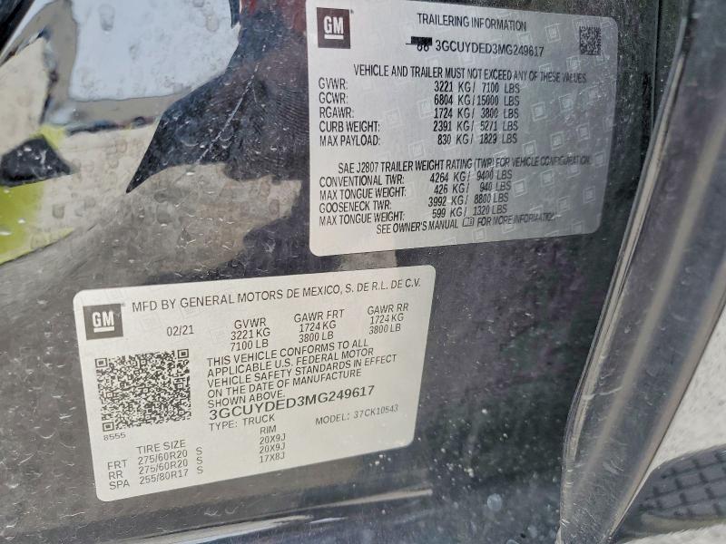 Aukcja sprzedaży 2021 Chevrolet Silverado, vin: 3GCUYDED3MG249617, numer aukcji: 51674056