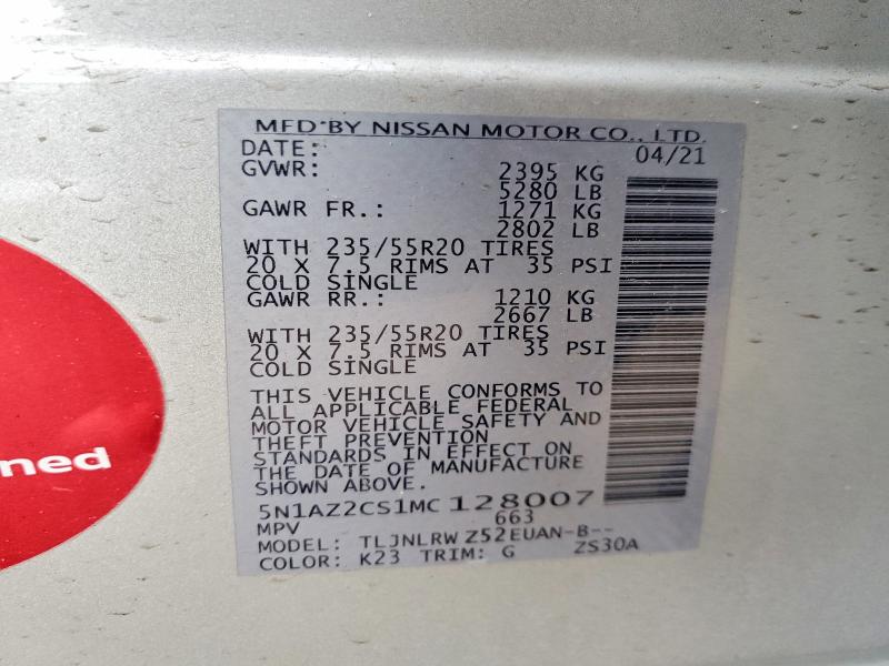 Aukcja sprzedaży 2021 Nissan Murano, vin: 5N1AZ2CS1MC128007, numer aukcji: 50233076