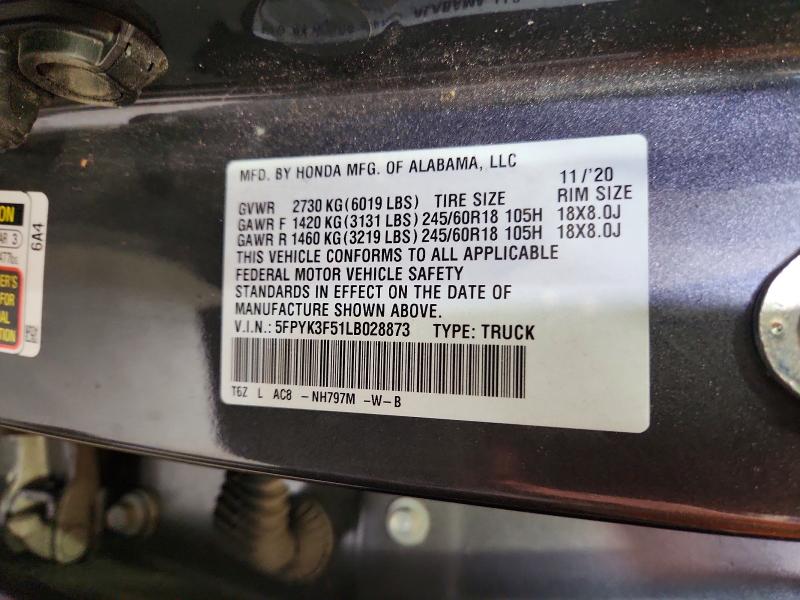 2020 Honda Ridgeline მანქანა იყიდება აუქციონზე, vin: 5FPYK3F51LB028873, აუქციონის ნომერი: 51408176