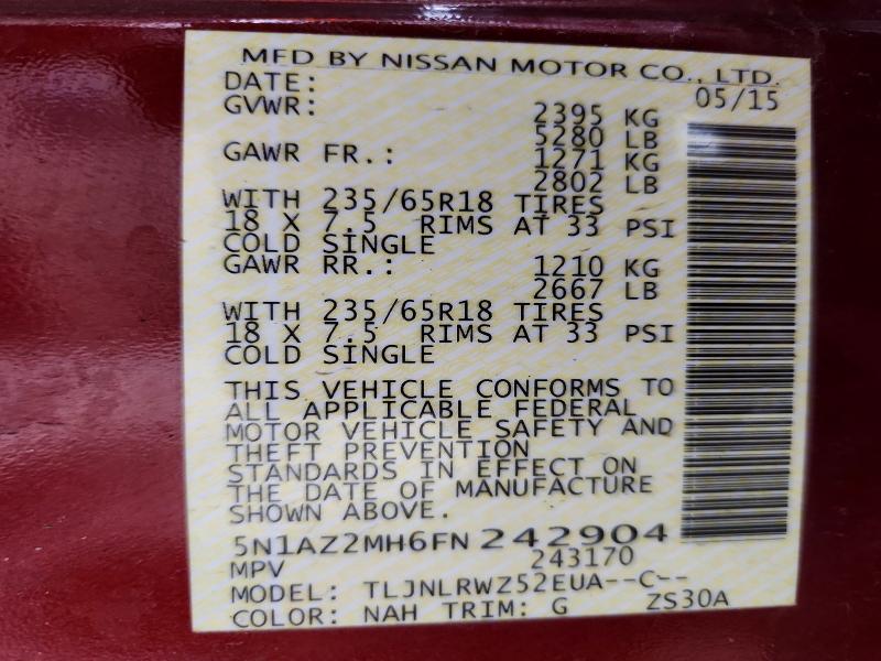 Продажа на аукционе авто 2015 Nissan Murano, vin: 5N1AZ2MH6FN242904, номер лота: 50571956