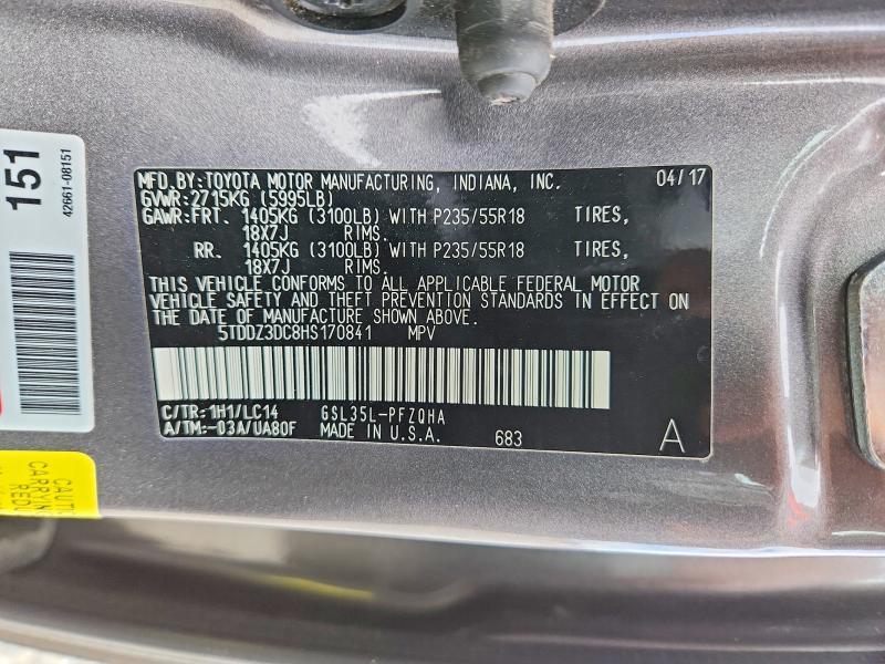 50899566 :رقم المزاد ، 5TDDZ3DC8HS170841 vin ، 2017 Toyota Sienna مزاد بيع