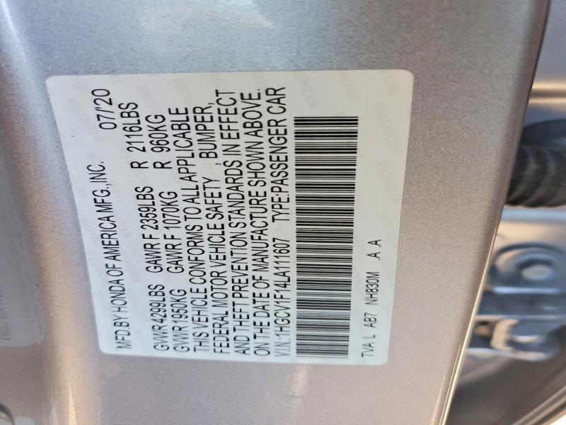 Продаж на аукціоні авто 2020 Honda Accord, vin: 1HGCV1F14LA111607, номер лоту: 49921516