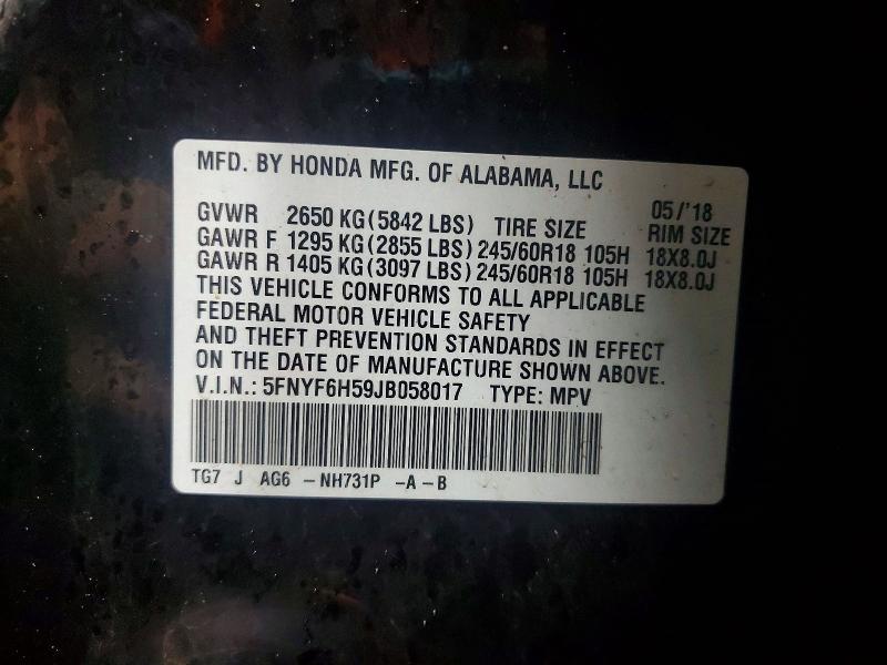 Продажа на аукционе авто 2018 Honda Pilot, vin: 5FNYF6H59JB058017, номер лота: 50900916
