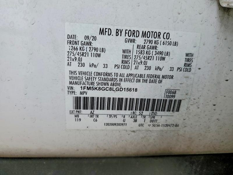 50312976 :رقم المزاد ، 1FM5K8GC8LGD15618 vin ، 2020 Ford Explorer مزاد بيع