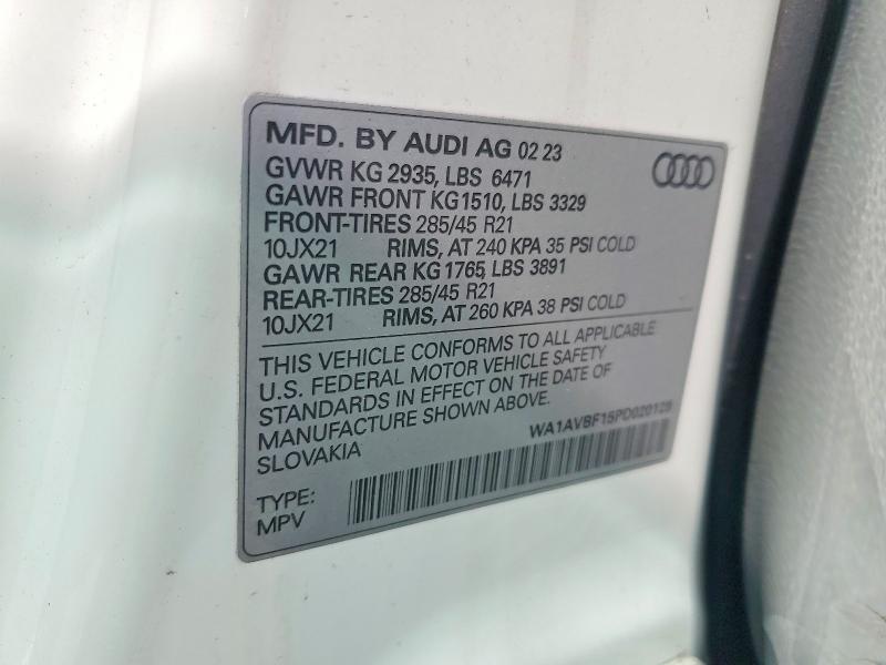 2023 Audi Q8 მანქანა იყიდება აუქციონზე, vin: WA1AVBF15PD020128, აუქციონის ნომერი: 49136186