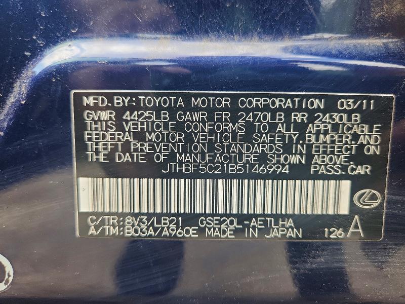 Aukcja sprzedaży 2011 Lexus Is, vin: JTHBF5C21B5146994, numer aukcji: 49845336