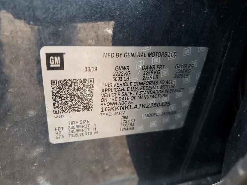 49259686 :رقم المزاد ، 1GKKNKLA1KZ250425 vin ، 2019 Gmc Acadia مزاد بيع