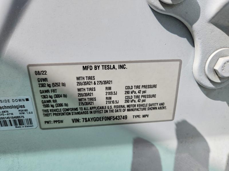48914186 :رقم المزاد ، 7SAYGDEF0NF543749 vin ، 2022 Tesla Model Y مزاد بيع