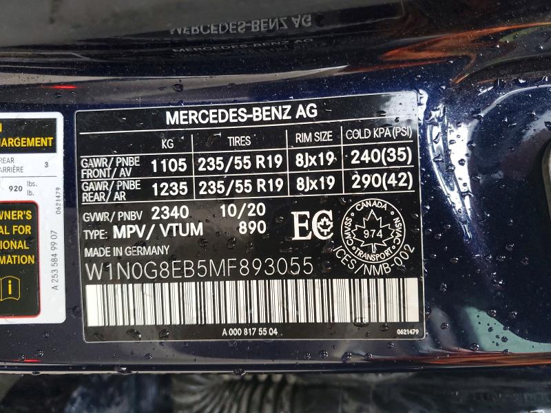 48151456 :رقم المزاد ، W1N0G8EB5MF893055 vin ، 2021 Mercedes-benz Glc مزاد بيع