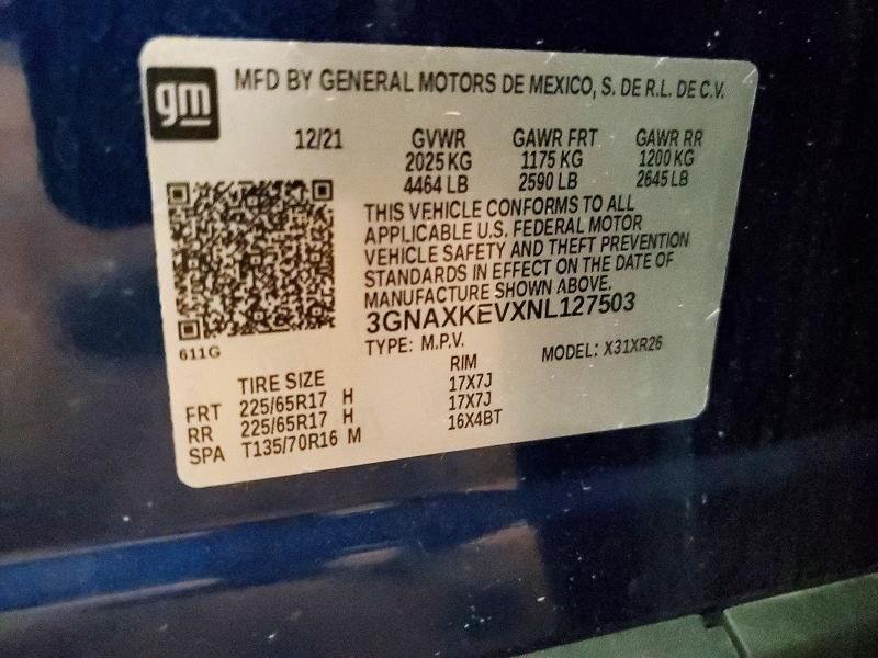 49353436 :رقم المزاد ، 3GNAXKEVXNL127503 vin ، 2022 Chevrolet Equinox مزاد بيع