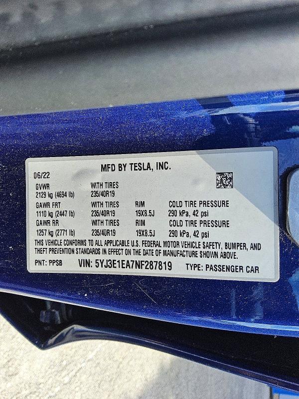 Продажа на аукционе авто 2022 Tesla Model 3, vin: 5YJ3E1EA7NF287819, номер лота: 49619176