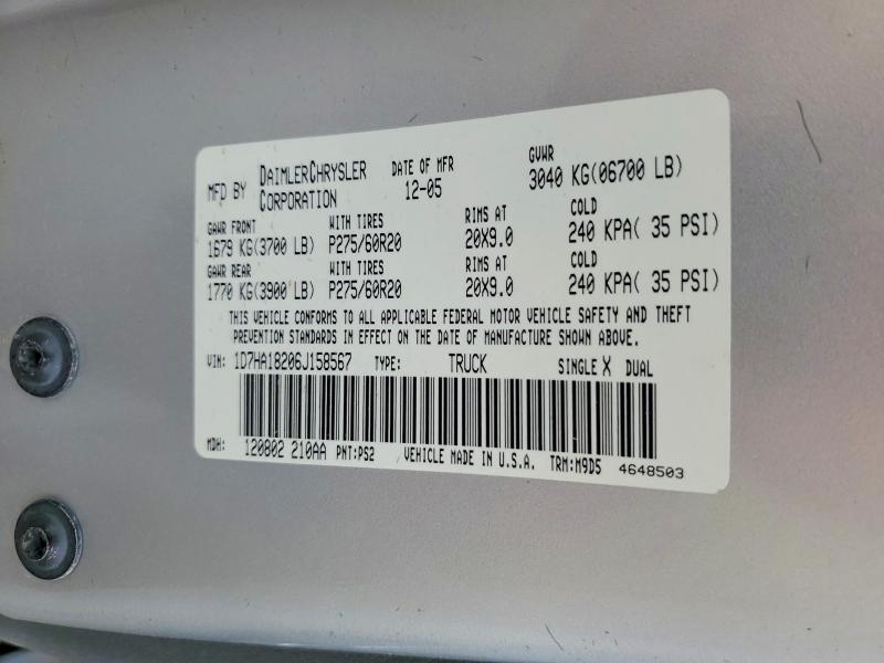 Продаж на аукціоні авто 2006 Dodge Ram 1500, vin: 1D7HA18206J158567, номер лоту: 47135946
