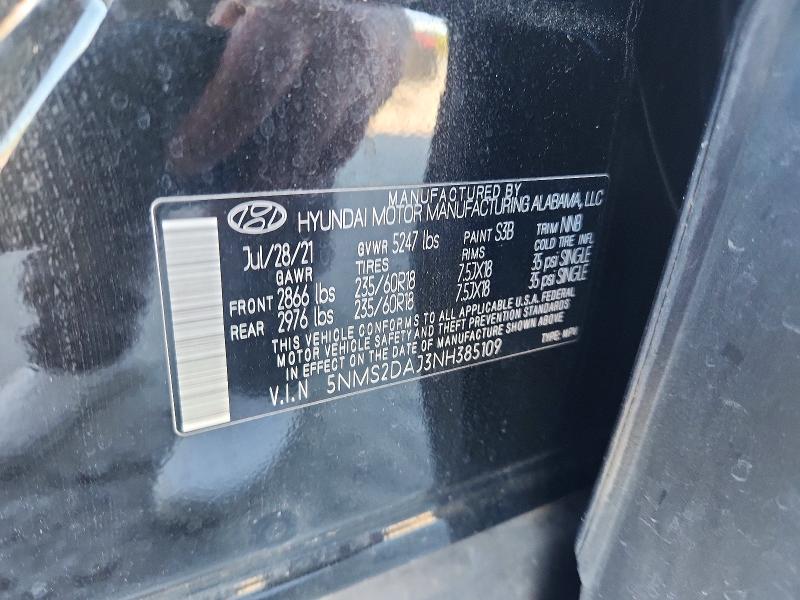 2022 Hyundai Santa Fe მანქანა იყიდება აუქციონზე, vin: 5NMS2DAJ3NH385109, აუქციონის ნომერი: 49423696