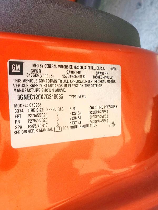 50621836 :رقم المزاد ، 3GNEC120X7G218685 vin ، 2007 Chevrolet Avalanche مزاد بيع