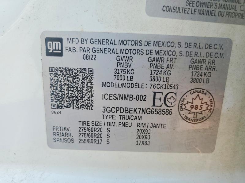 Aukcja sprzedaży 2022 Chevrolet Silverado, vin: 3GCPDBEK7NG658586, numer aukcji: 51244956