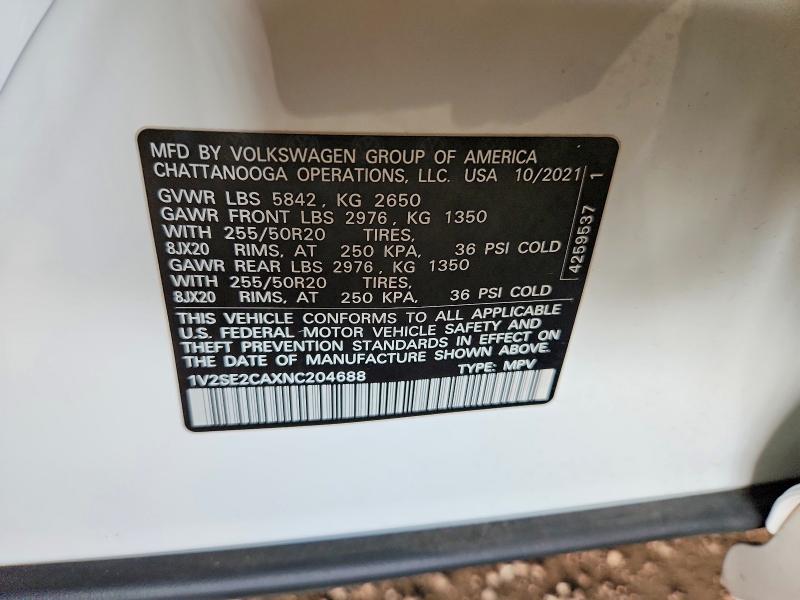 Продажа на аукционе авто 2022 Volkswagen Atlas Cross Sport, vin: 1V2SE2CAXNC204688, номер лота: 51886366