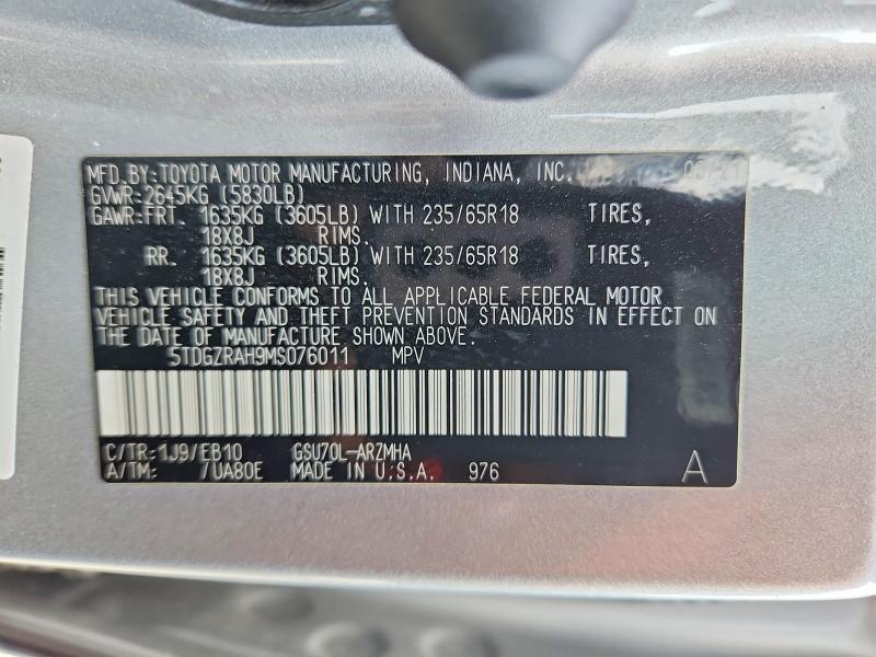 50215376 :رقم المزاد ، 5TDGZRAH9MS076011 vin ، 2021 Toyota Highlander مزاد بيع