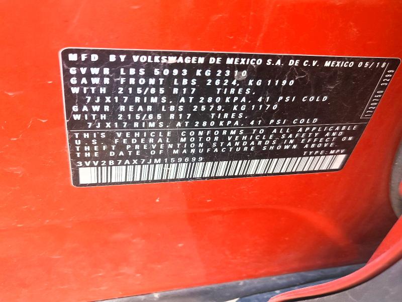 Aukcja sprzedaży 2018 Volkswagen Tiguan, vin: 3VV2B7AX7JM159699, numer aukcji: 51068726