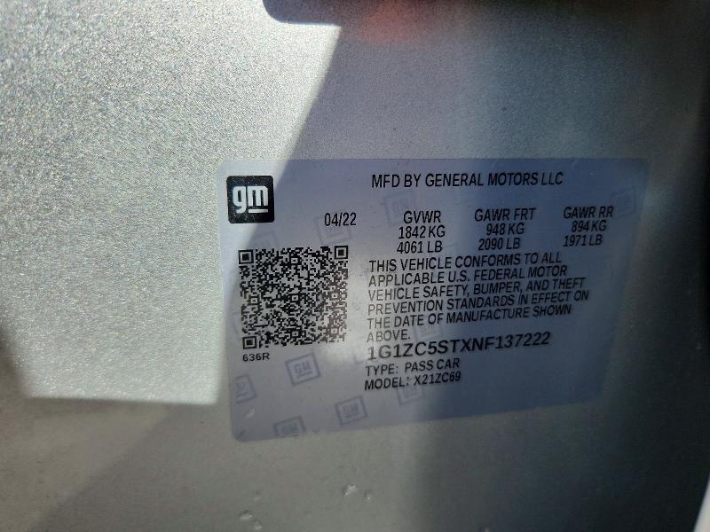 Продаж на аукціоні авто 2022 Chevrolet Malibu, vin: 1G1ZC5STXNF137222, номер лоту: 51364306