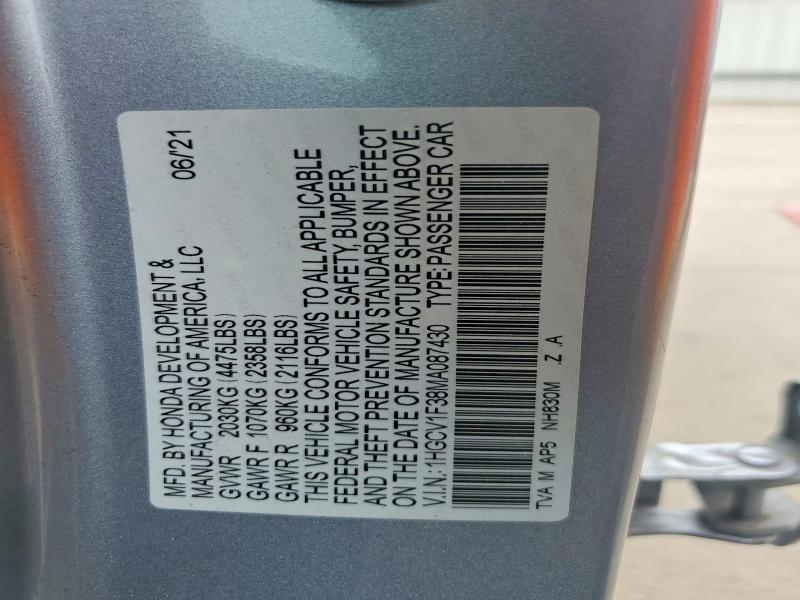 49705116 :رقم المزاد ، 1HGCV1F38MA087430 vin ، 2021 Honda Accord مزاد بيع