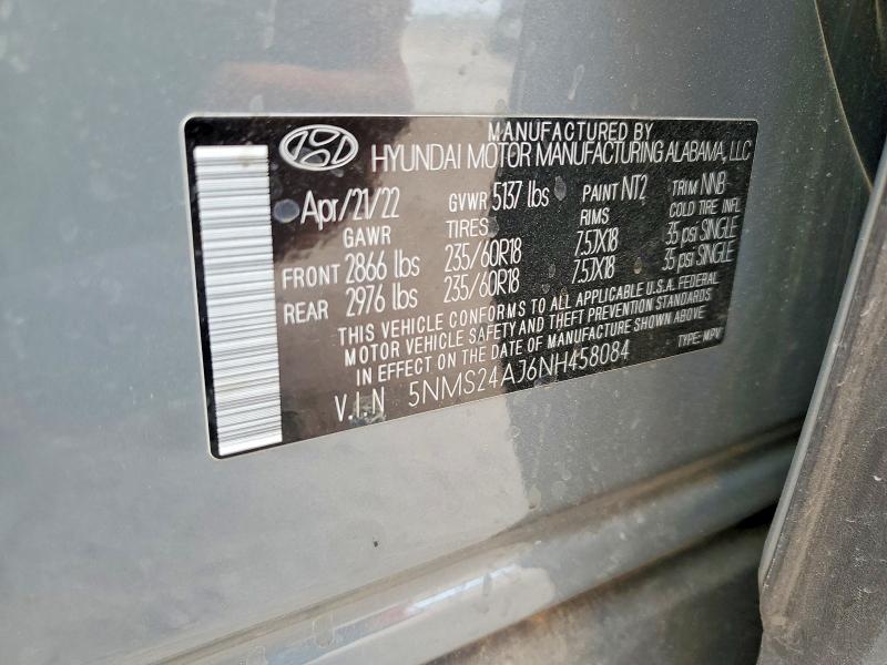 2022 Hyundai Santa Fe მანქანა იყიდება აუქციონზე, vin: 5NMS24AJ6NH458084, აუქციონის ნომერი: 50507086