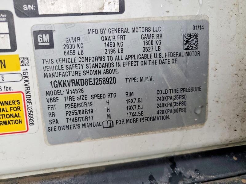 50587036 :رقم المزاد ، 1GKKVRKD8EJ258920 vin ، 2014 Gmc Acadia مزاد بيع