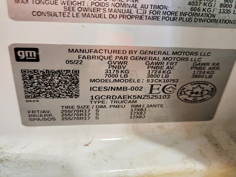 2022 Chevrolet Silverado მანქანა იყიდება აუქციონზე, vin: 1GCRDAEK5NZ525103, აუქციონის ნომერი: 50970296