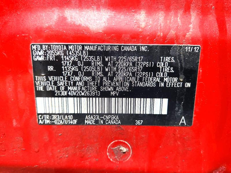 50096836 :رقم المزاد ، 2T3DF4DV2CW263913 vin ، 2012 Toyota Rav4 مزاد بيع