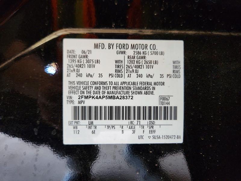 Продаж на аукціоні авто 2021 Ford Edge, vin: 2FMPK4AP5MBA28372, номер лоту: 48932776