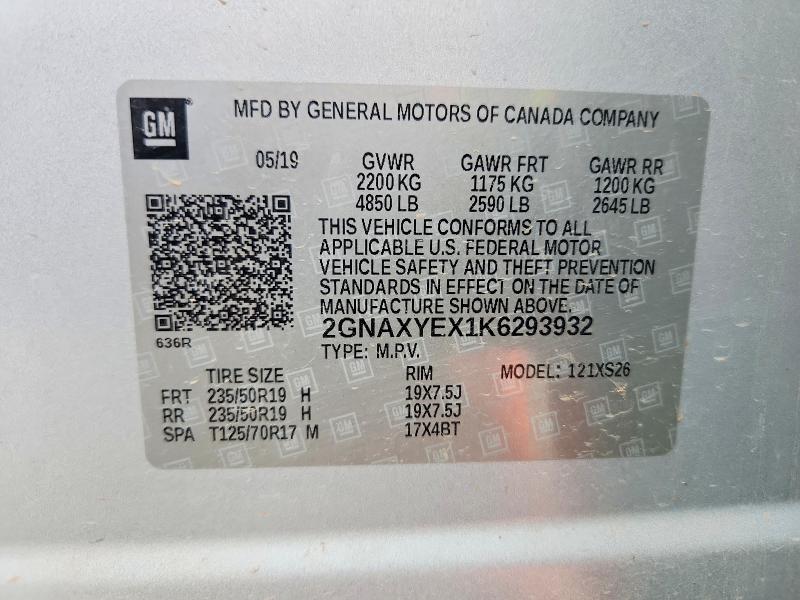 2019 Chevrolet Equinox მანქანა იყიდება აუქციონზე, vin: 2GNAXYEX1K6293932, აუქციონის ნომერი: 49477506