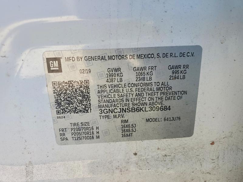 Aukcja sprzedaży 2019 Chevrolet Trax, vin: 3GNCJNSB6KL309684, numer aukcji: 50696166