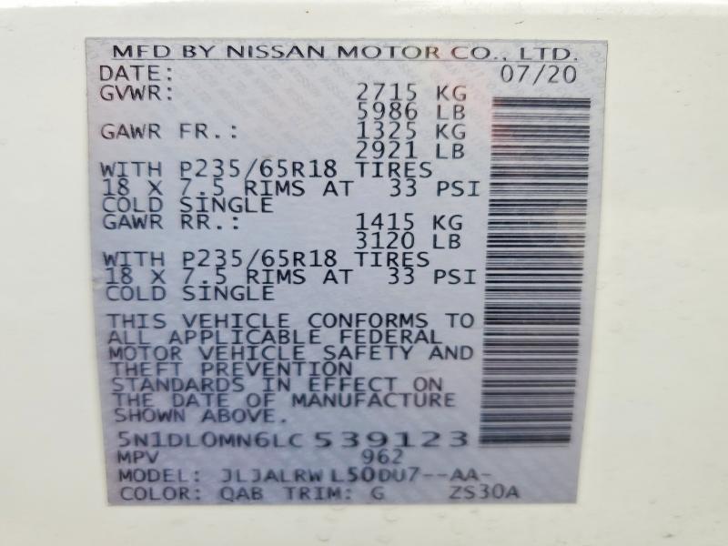 50086946 :رقم المزاد ، 5N1DL0MN6LC539123 vin ، 2020 Infiniti Qx60 مزاد بيع