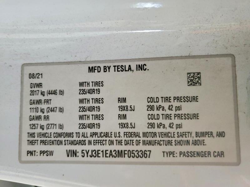 Aukcja sprzedaży 2021 Tesla Model 3, vin: 5YJ3E1EA3MF053367, numer aukcji: 51508966