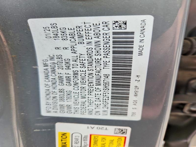 Aukcja sprzedaży 2025 Honda Civic, vin: 2HGFE2F51SH567148, numer aukcji: 50614496