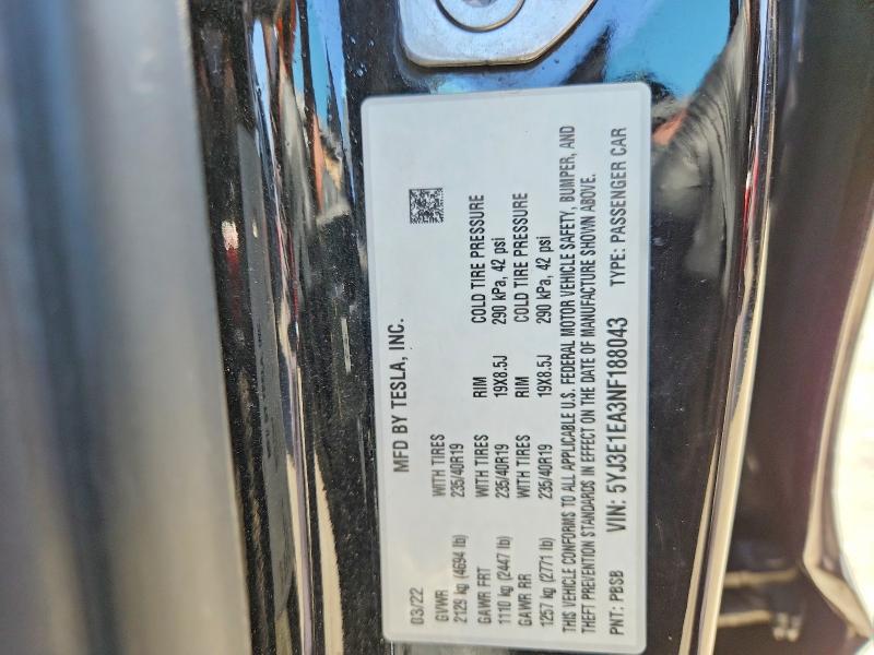 50304576 :رقم المزاد ، 5YJ3E1EA3NF188043 vin ، 2022 Tesla Model 3 مزاد بيع