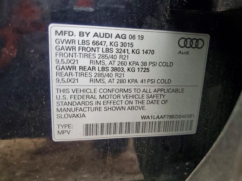 49715706 :رقم المزاد ، WA1LAAF78KD046881 vin ، 2019 Audi Q7 مزاد بيع