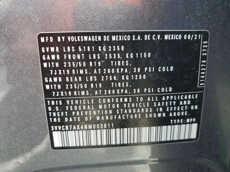 48910416 :رقم المزاد ، 3VVCB7AX4NM003811 vin ، 2022 Volkswagen Tiguan مزاد بيع