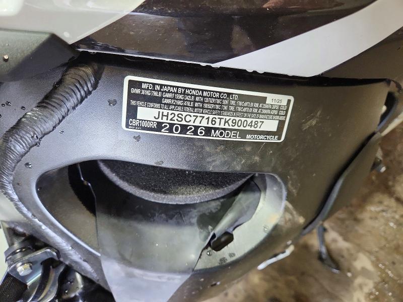 2026 Honda Cbr1000 მანქანა იყიდება აუქციონზე, vin: JH2SC7716TK900487, აუქციონის ნომერი: 51417406