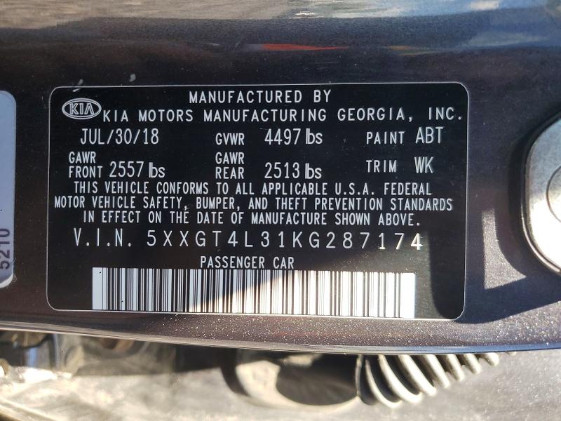 49954356 :رقم المزاد ، 5XXGT4L31KG287174 vin ، 2019 Kia Optima مزاد بيع