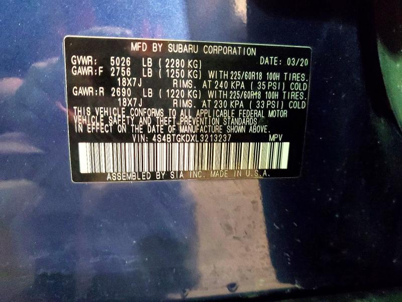 2020 Subaru Outback მანქანა იყიდება აუქციონზე, vin: 4S4BTGKDXL3213237, აუქციონის ნომერი: 48239476