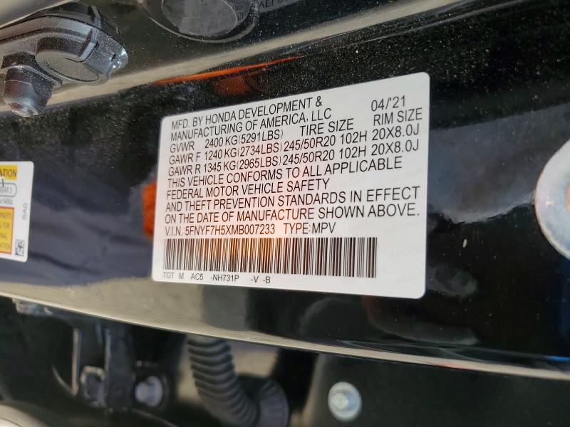 51008836 :رقم المزاد ، 5FNYF7H5XMB007233 vin ، 2021 Honda Passport مزاد بيع