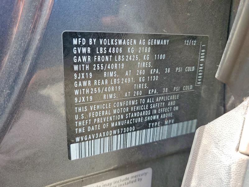 50136176 :رقم المزاد ، WVGAV3AX0DW573000 vin ، 2013 Volkswagen Tiguan مزاد بيع