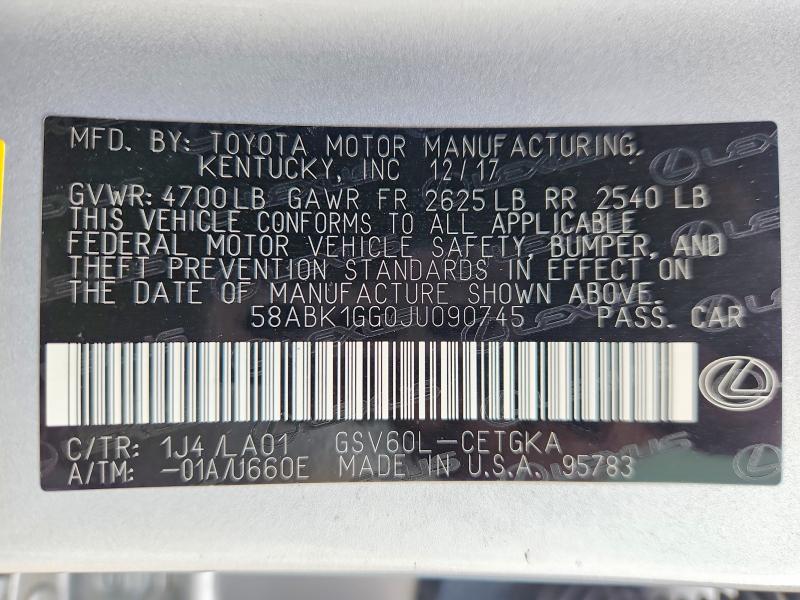 Продаж на аукціоні авто 2018 Lexus Es 350, vin: 58ABK1GG0JU090745, номер лоту: 48689396