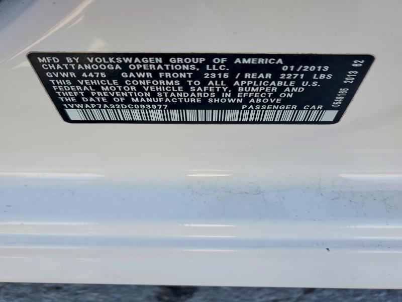 2013 Volkswagen Passat მანქანა იყიდება აუქციონზე, vin: 1VWAP7A32DC093977, აუქციონის ნომერი: 51906686
